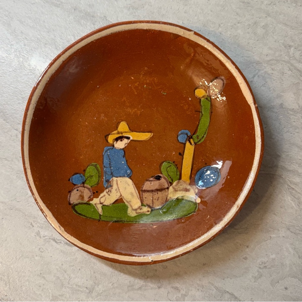 Mexican Tlaquepaque Small Vintage Plate Red Clay Hand Painted